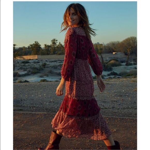 Ba&sh Floral Robe Gypsy Red Burgundy‎ Midi Dress size 2